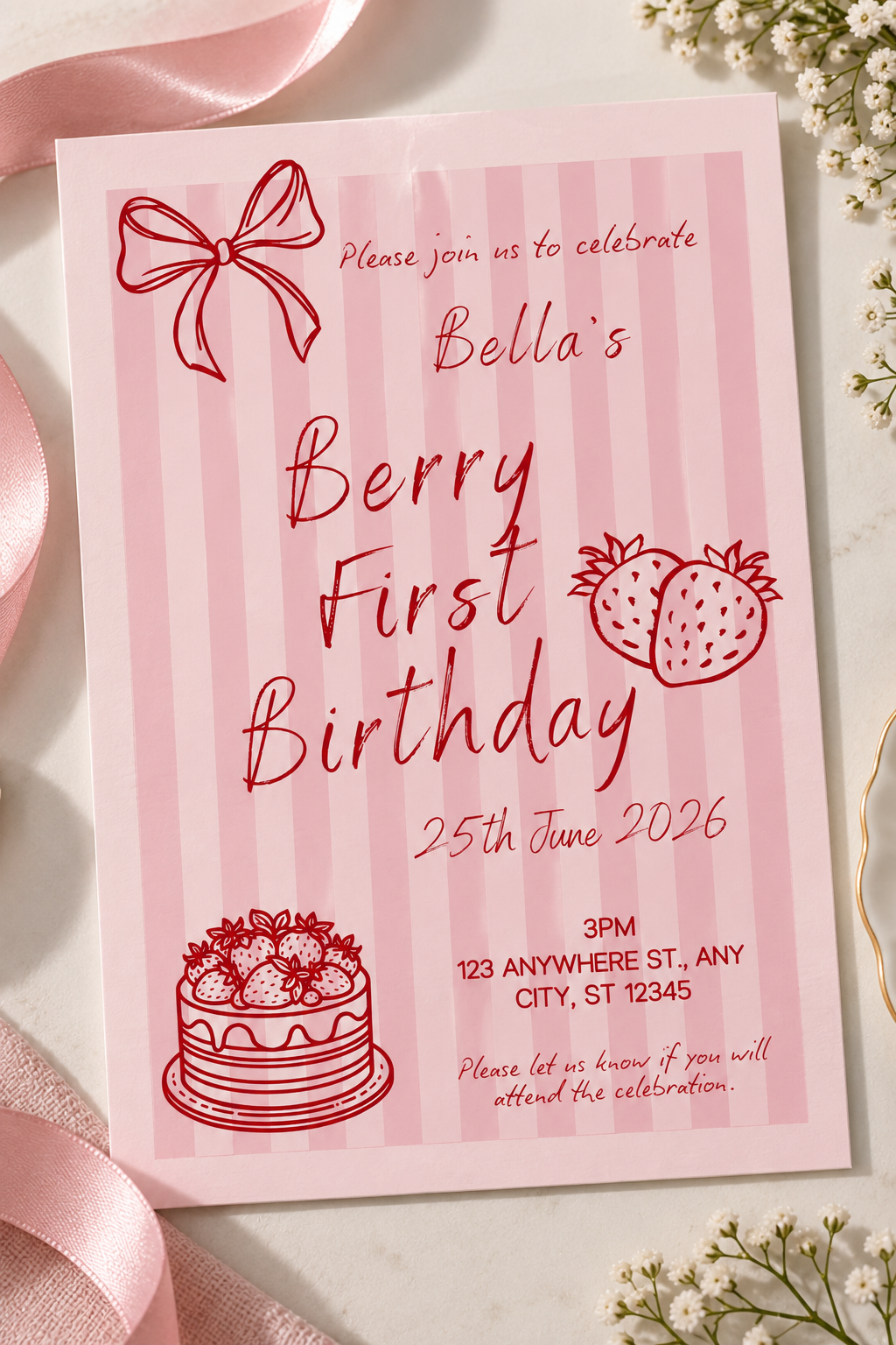 Berry First Birthday Invitation, 1st Birthday Invitation Digital Download