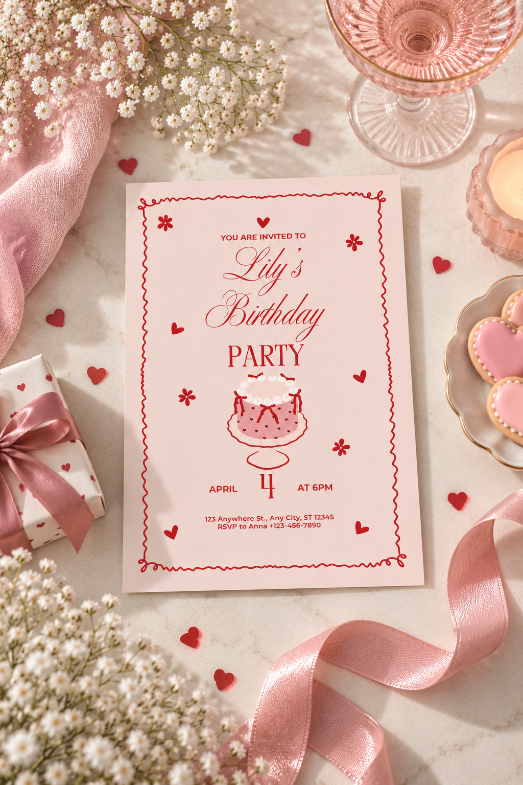Pink Floral Birthday Invitation | Elegant Pink & Red Birthday Party Invite Digital Download