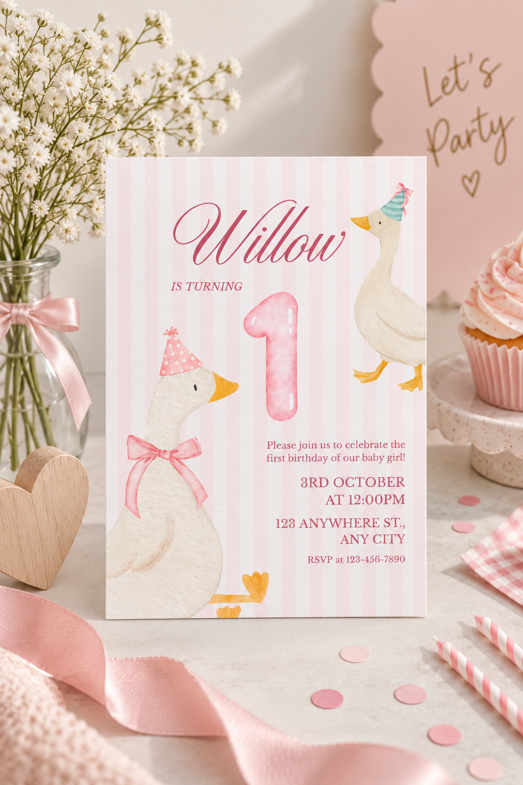 Pink Goose Birthday Invitation | Cute First Birthday Party Invite | Baby Girl Birthday Invitation | Pink & White Party