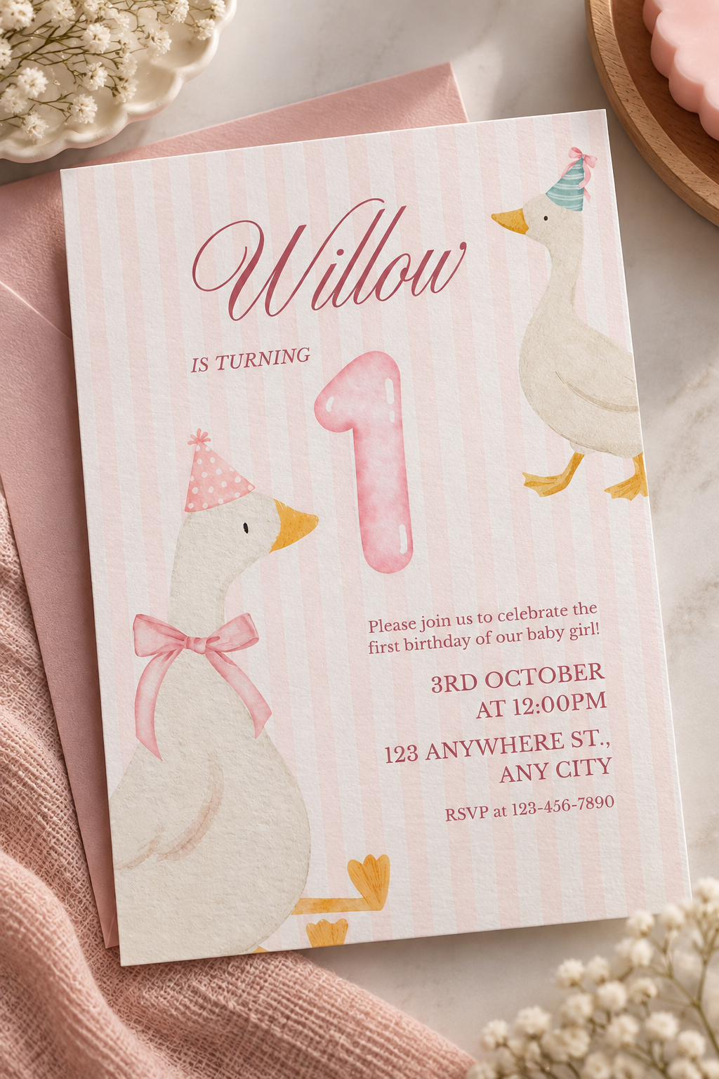 Pink Goose Birthday Invitation | Cute First Birthday Party Invite | Baby Girl Birthday Invitation | Pink & White Party