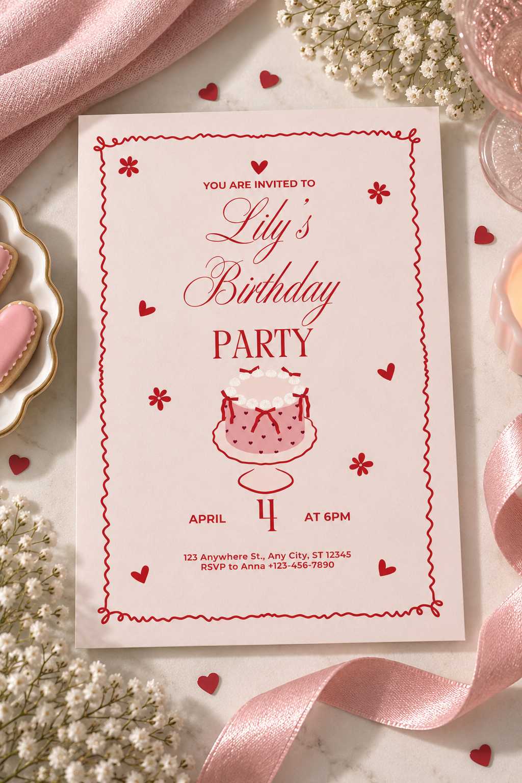 Pink Floral Birthday Invitation | Elegant Pink & Red Birthday Party Invite Digital Download