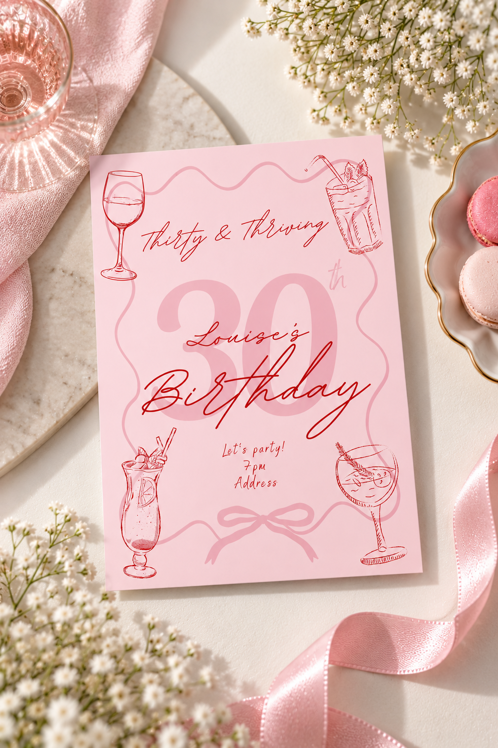 Thirtieth Birthday Invitation, Pink Cocktail 30th Birthday Invite Digital Download