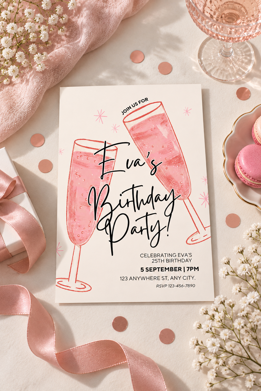Pink Champagne Birthday Invitation Digital Download | Pink & Blush Cocktail Party Invitation