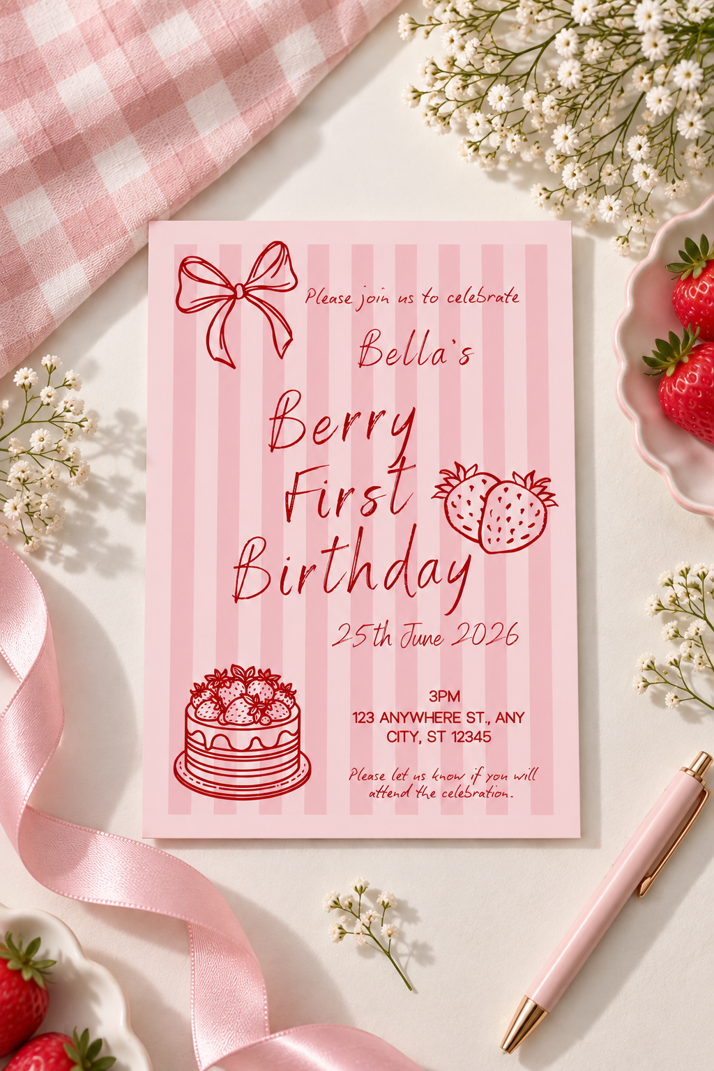 Berry First Birthday Invitation, 1st Birthday Invitation Digital Download