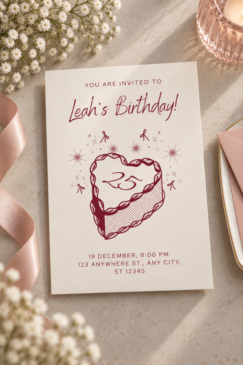 Retro Heart Birthday Party Invite | Burgundy & Blush Floral Birthday Invitation