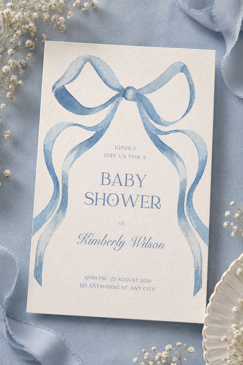 Blue Bow Baby Shower Invitation Digital Download | Printable Baby Shower Invite