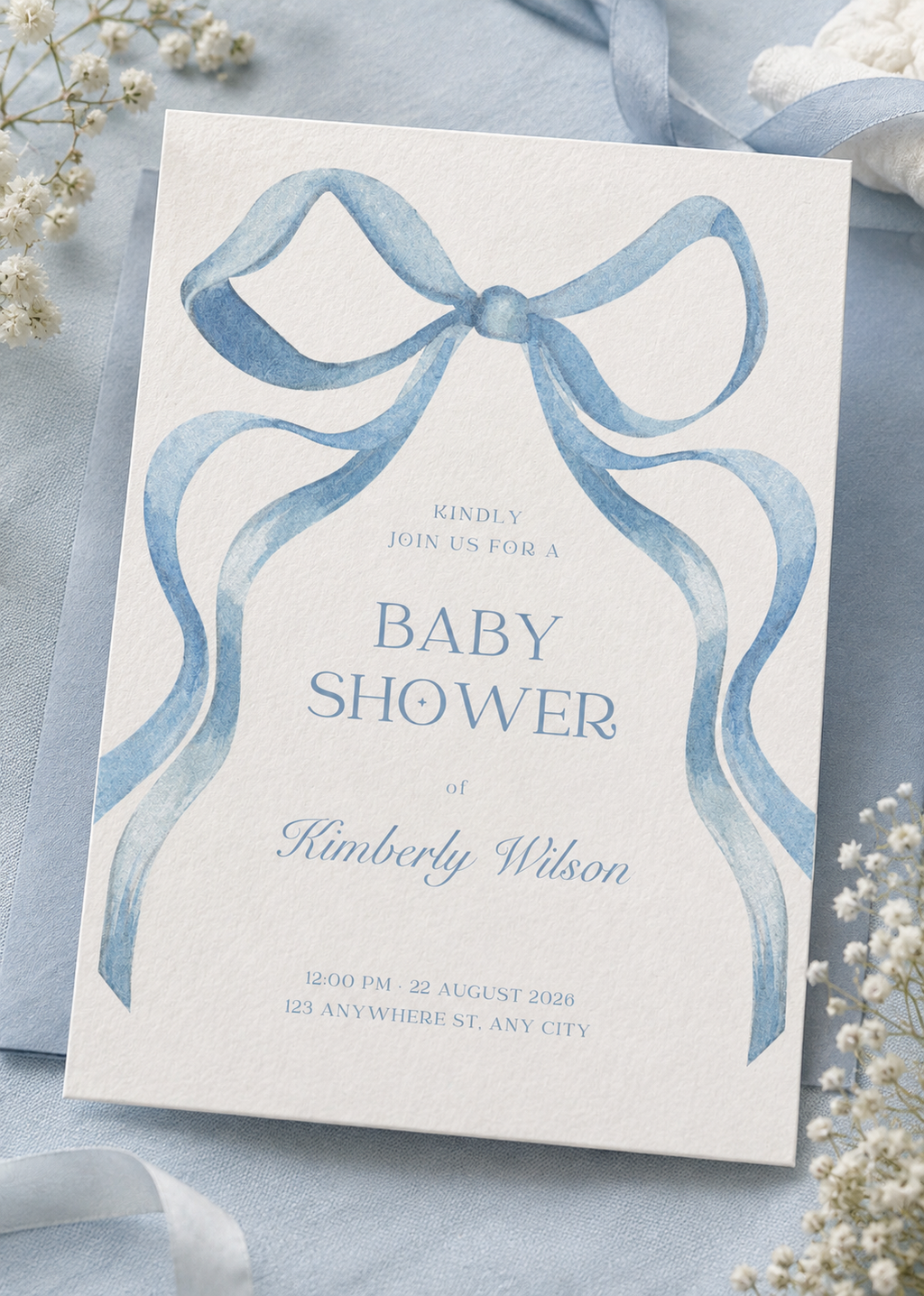 Blue Bow Baby Shower Invitation Digital Download | Printable Baby Shower Invite