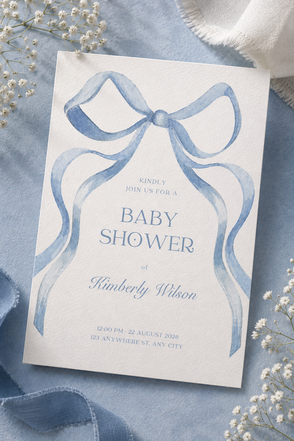 Blue Bow Baby Shower Invitation Digital Download | Printable Baby Shower Invite