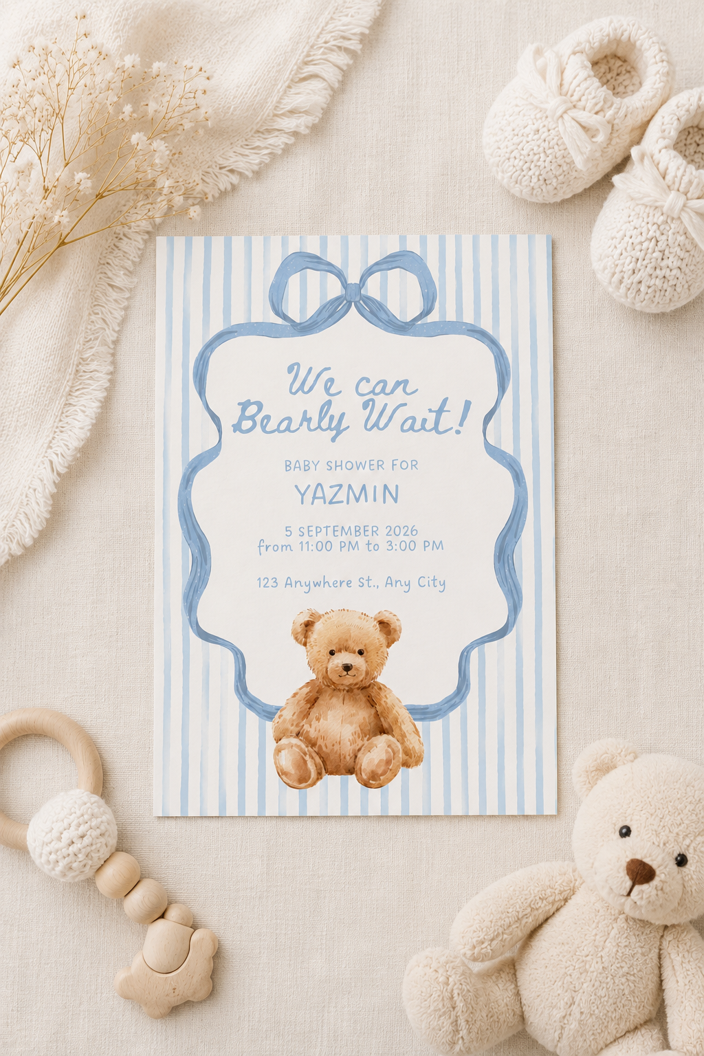 Blue Baby Shower Invitation, Printable Bear Baby Shower Invites Digital Download