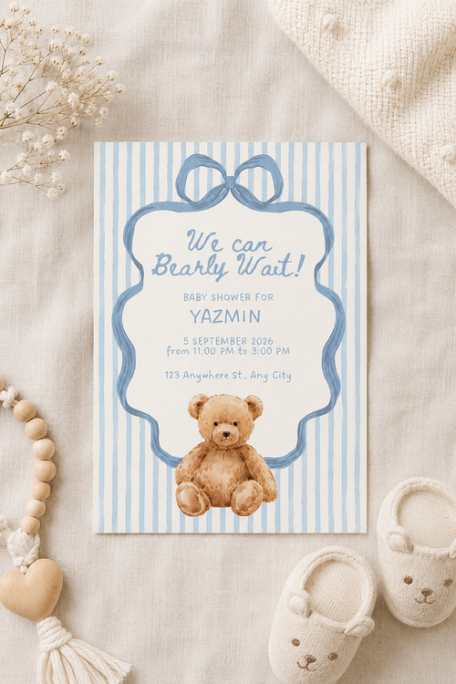 Blue Baby Shower Invitation, Printable Bear Baby Shower Invites Digital Download