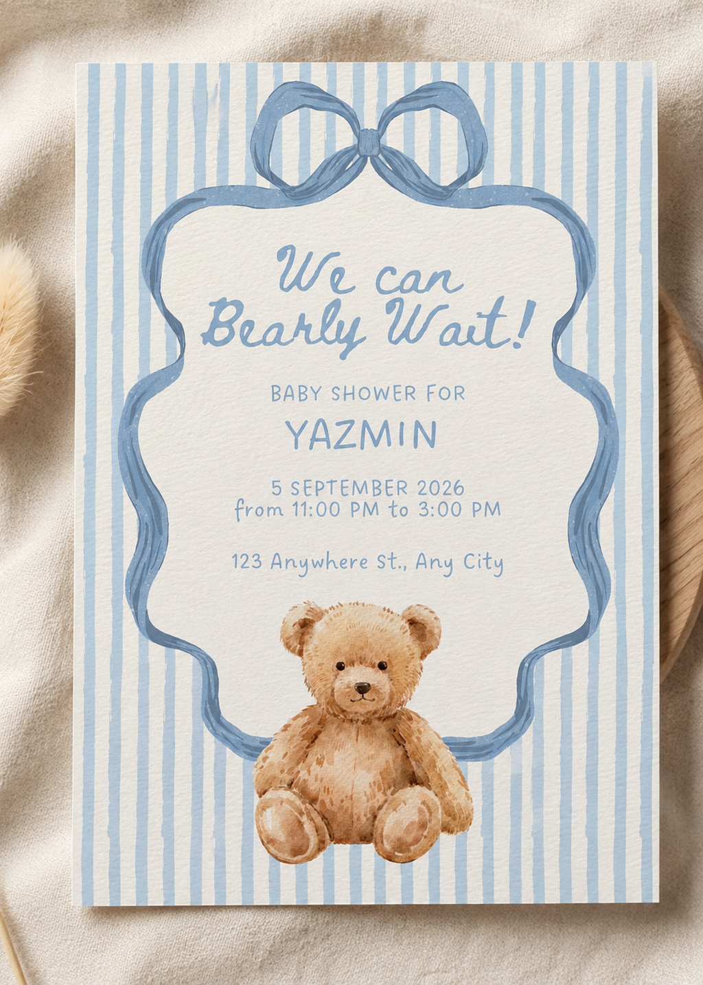 Blue Baby Shower Invitation, Printable Bear Baby Shower Invites Digital Download