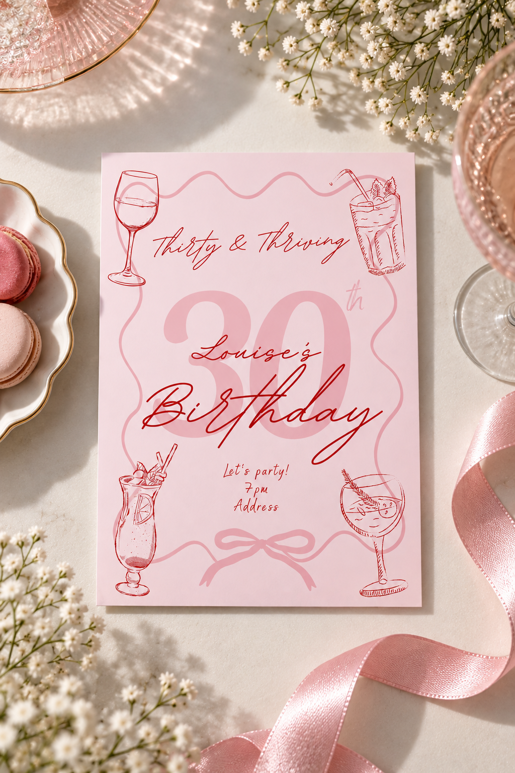 Thirtieth Birthday Invitation, Pink Cocktail 30th Birthday Invite Digital Download
