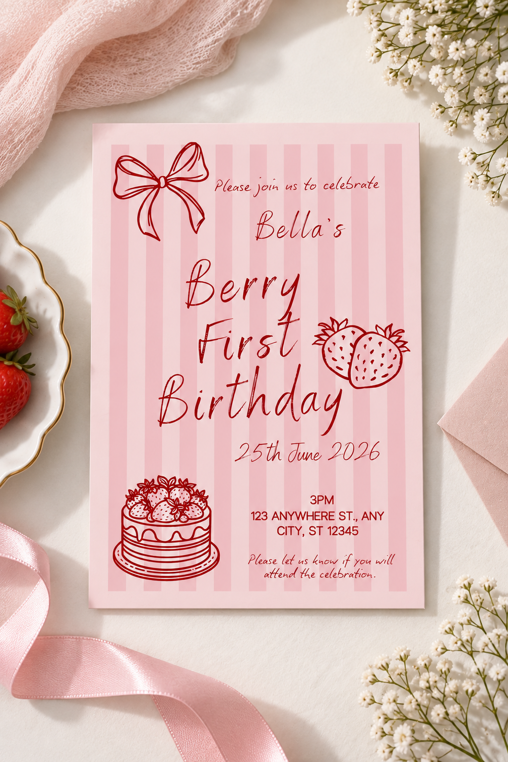 Berry First Birthday Invitation, 1st Birthday Invitation Digital Download