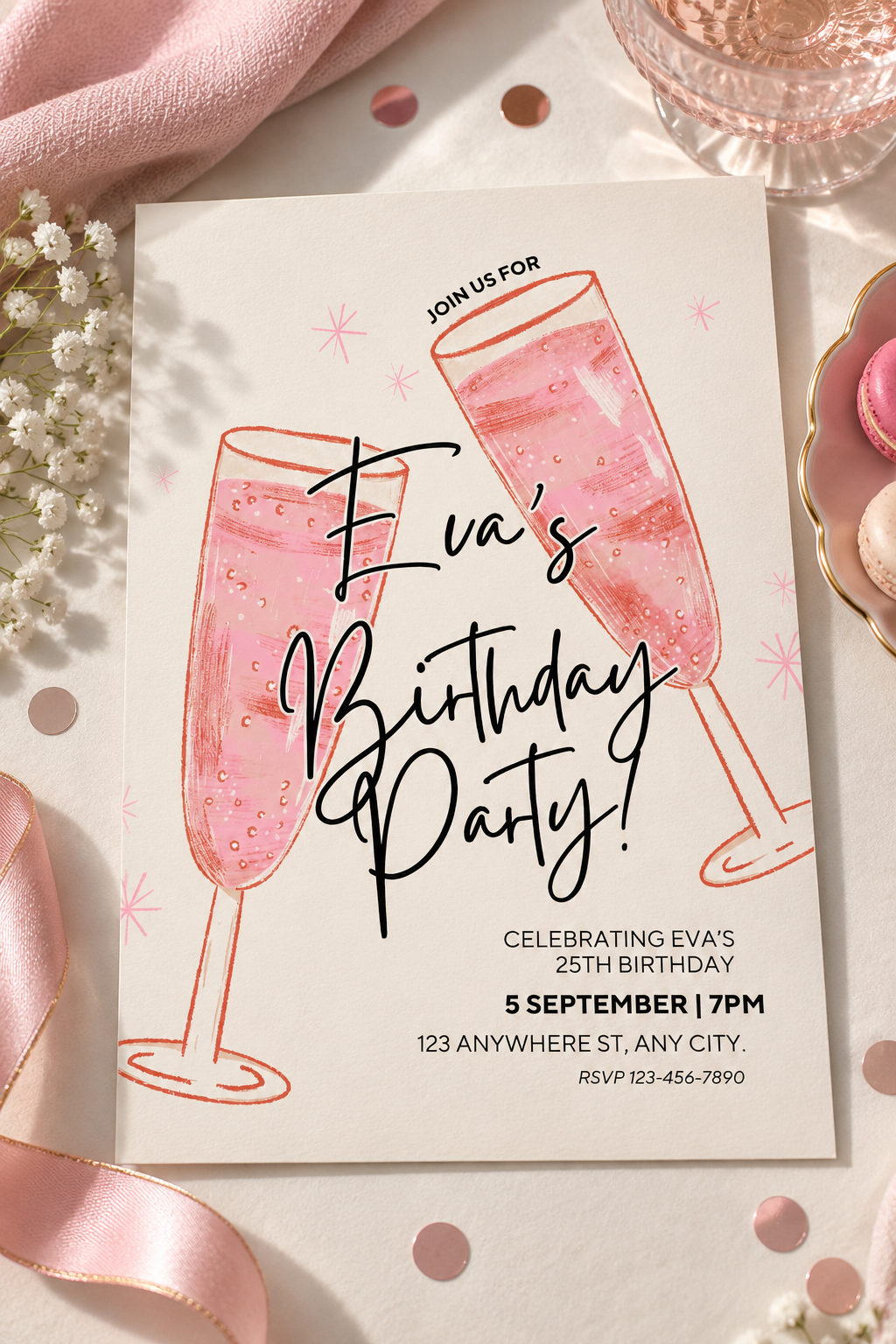 Pink Champagne Birthday Invitation Digital Download | Pink & Blush Cocktail Party Invitation