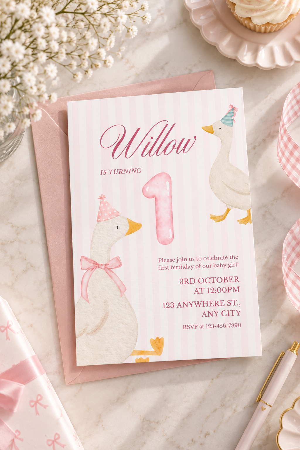 Pink Goose Birthday Invitation | Cute First Birthday Party Invite | Baby Girl Birthday Invitation | Pink & White Party