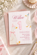 Pink Goose Birthday Invitation | Cute First Birthday Party Invite | Baby Girl Birthday Invitation | Pink & White Party