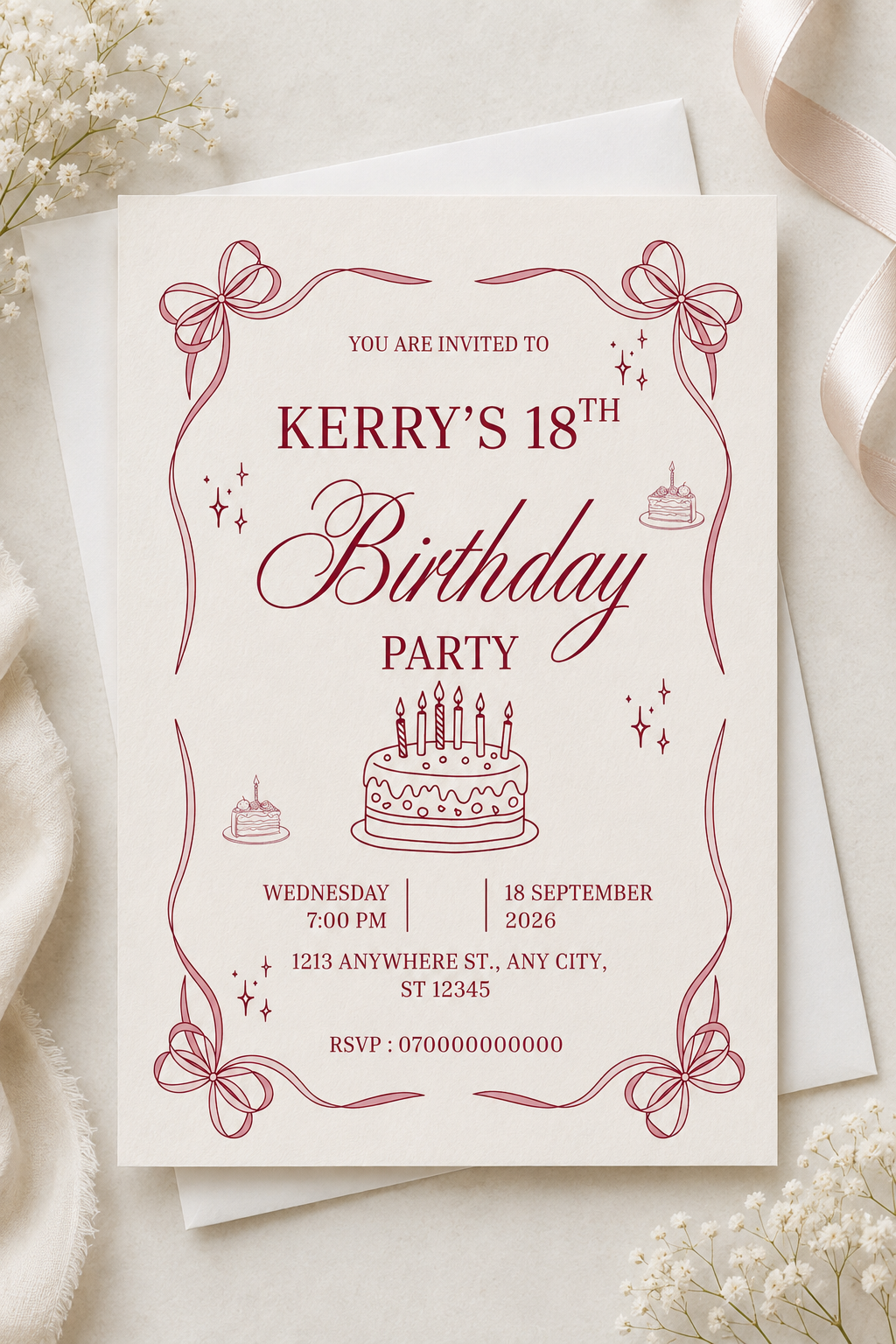Elegant Pink Bow Birthday Invitation | Digital Download
