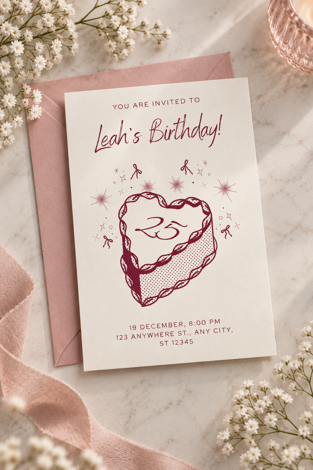 Retro Heart Birthday Party Invite | Burgundy & Blush Floral Birthday Invitation