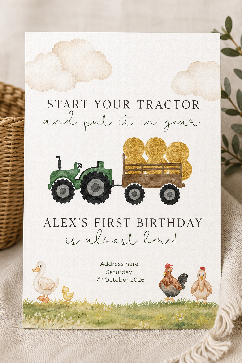 Farm Tractor 1st Birthday Invitation Digital Download