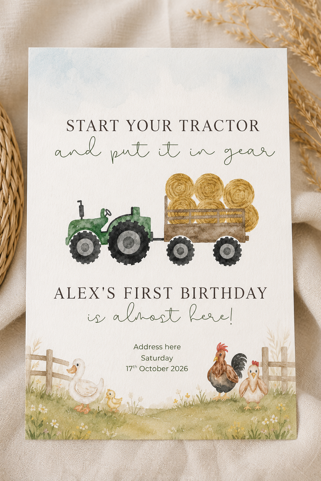 Farm Tractor 1st Birthday Invitation Digital Download