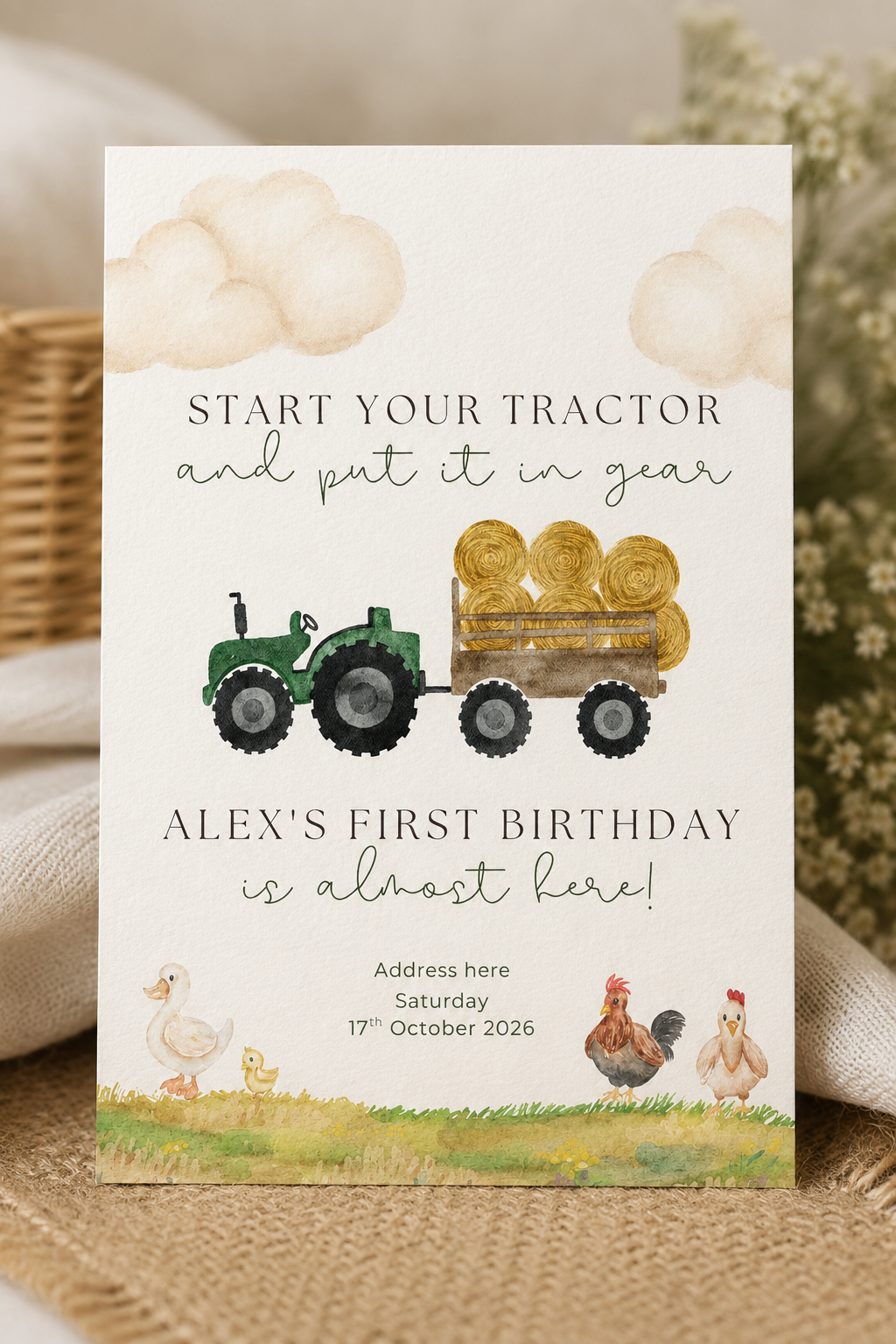 Farm Tractor 1st Birthday Invitation Digital Download
