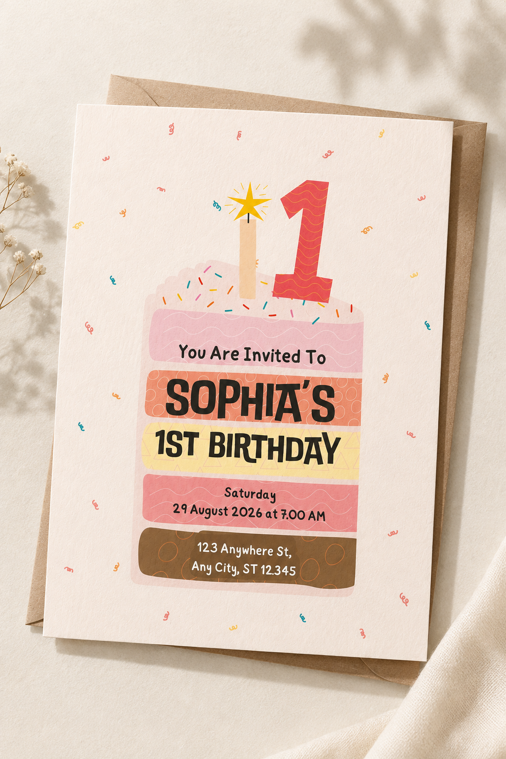 First Birthday Pastel Birthday Cake Invitation | Digital Download