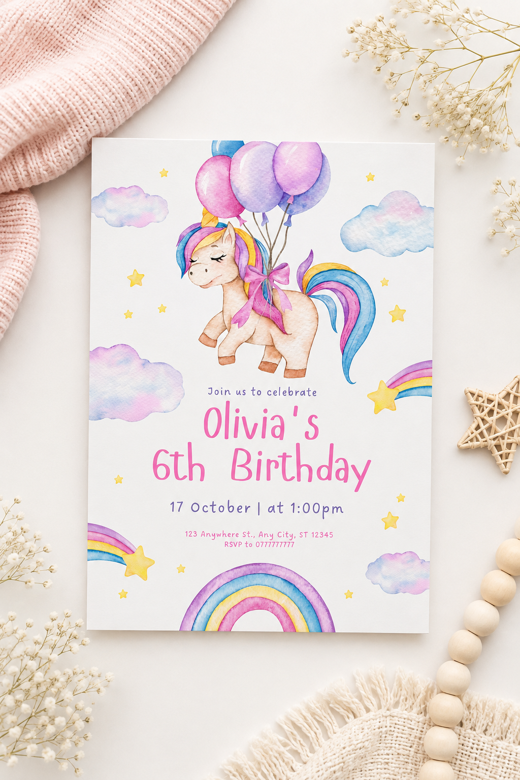Pastel Unicorn Birthday Invitation | Rainbow Unicorn Party Invite Digital Download
