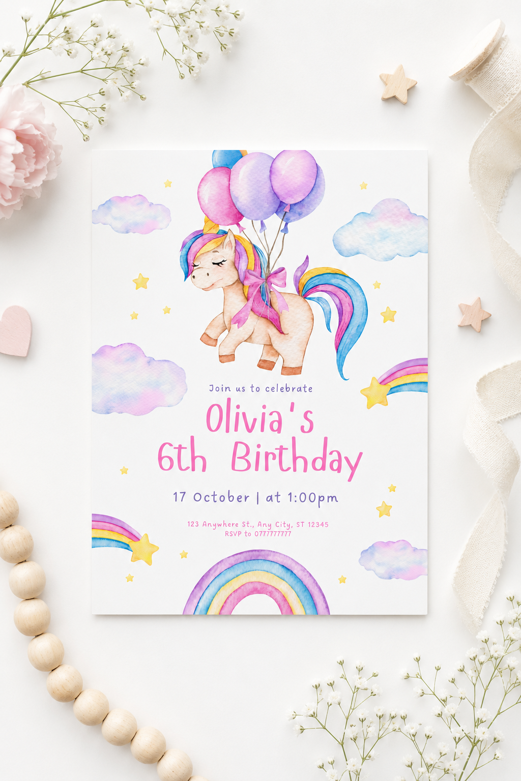 Pastel Unicorn Birthday Invitation | Rainbow Unicorn Party Invite Digital Download