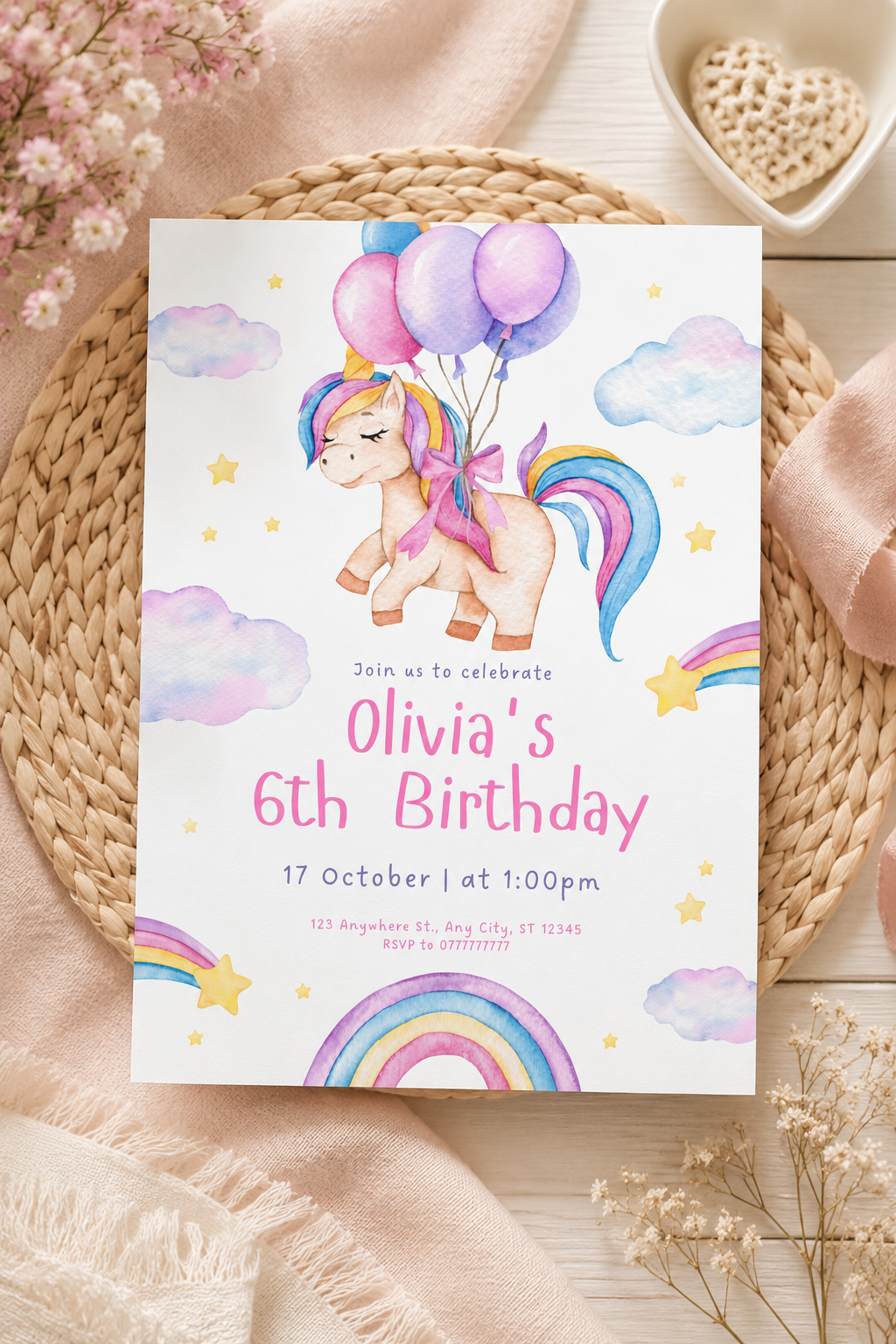 Pastel Unicorn Birthday Invitation | Rainbow Unicorn Party Invite Digital Download