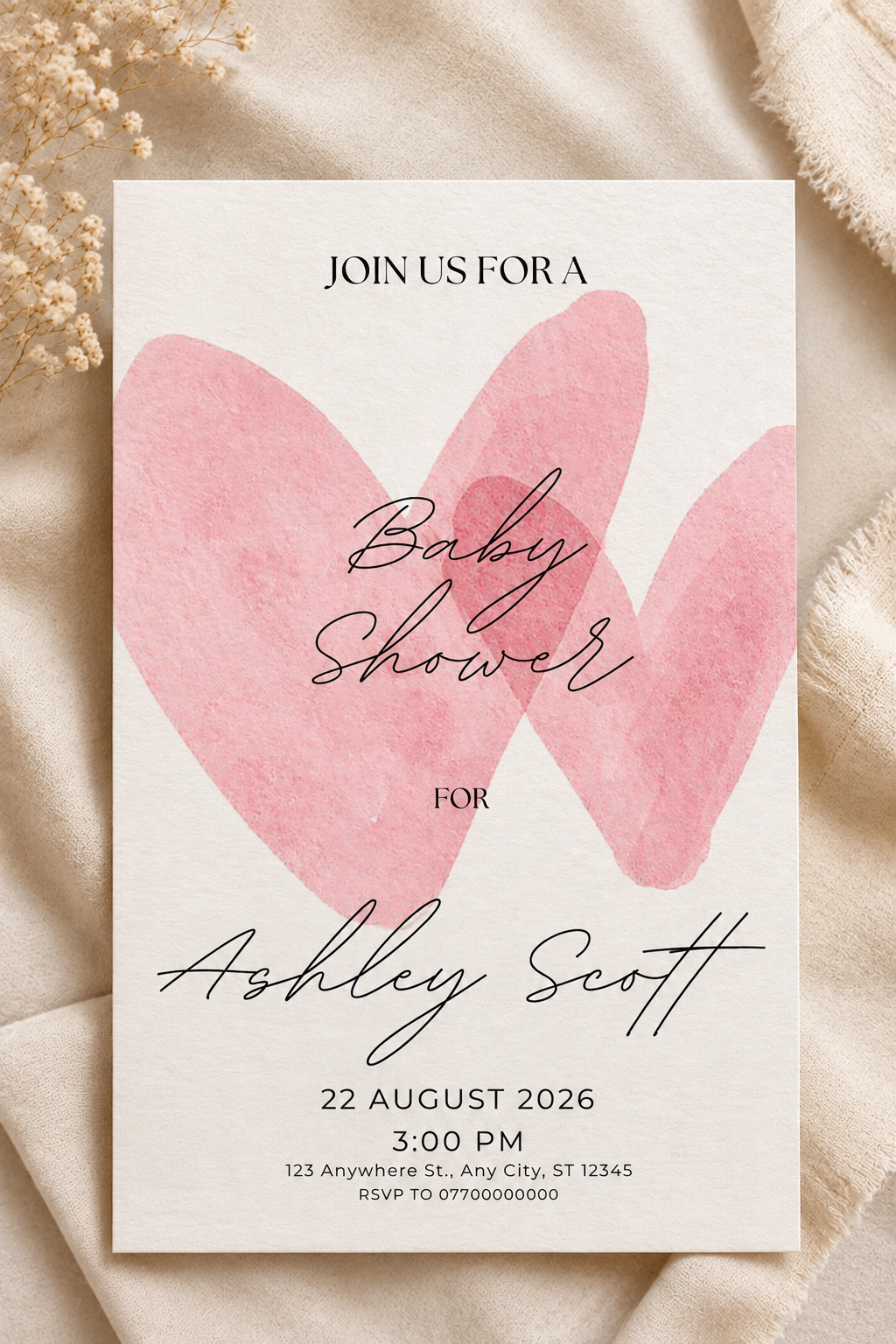 Pink Heart Baby Shower Invitation Digital Download | Printable Baby Shower Invite