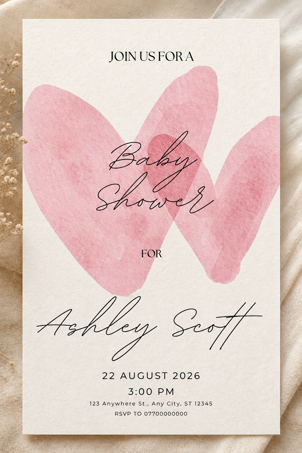 Pink Heart Baby Shower Invitation Digital Download | Printable Baby Shower Invite