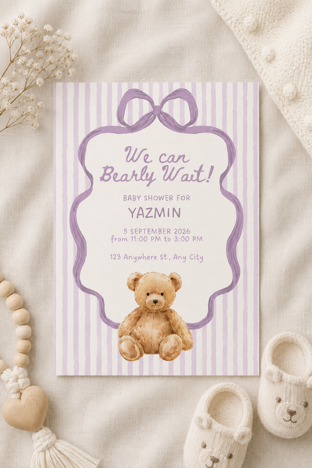 Pink & Purple Baby Shower Invitation, Printable Bear Baby Shower Invites Digital Download