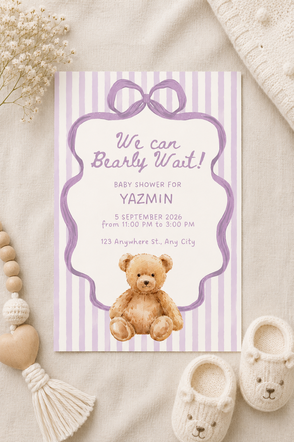 Pink & Purple Baby Shower Invitation, Printable Bear Baby Shower Invites Digital Download
