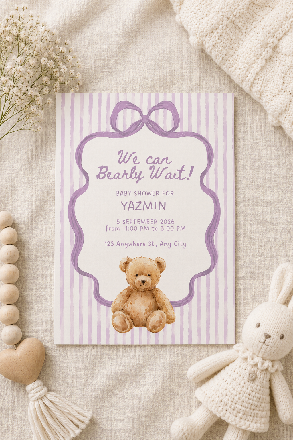 Pink & Purple Baby Shower Invitation, Printable Bear Baby Shower Invites Digital Download