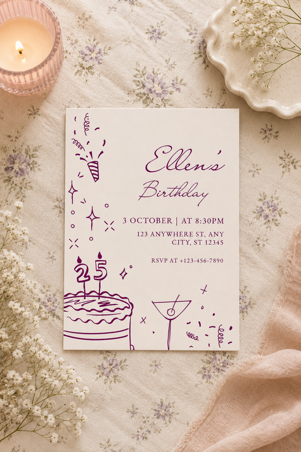 Personalised Purple Elegant Birthday Party Invitation Digital Download
