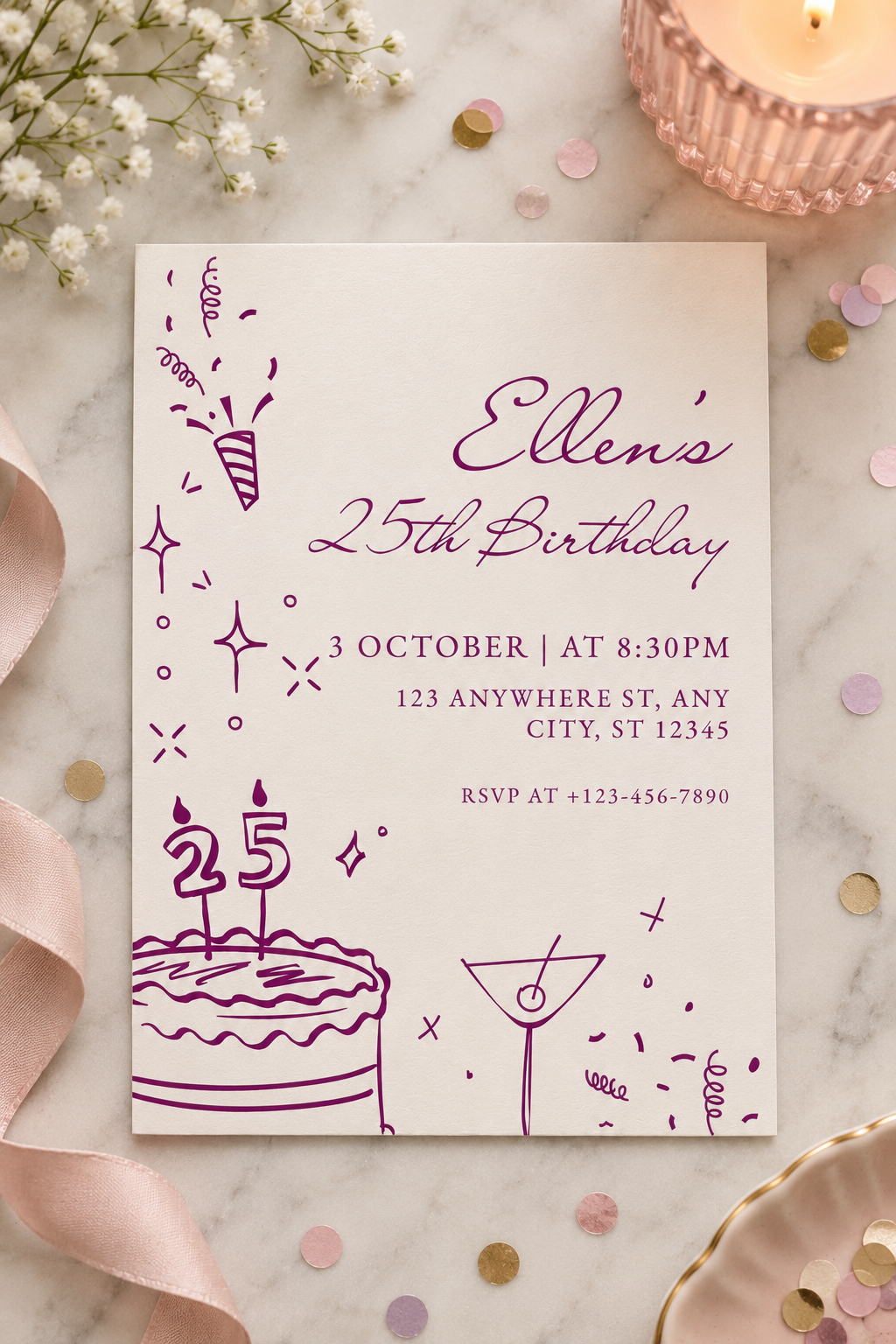 Personalised Purple Elegant Birthday Party Invitation Digital Download