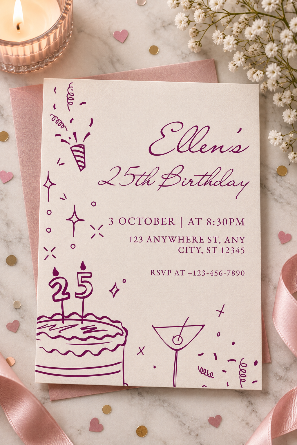 Personalised Purple Elegant Birthday Party Invitation Digital Download