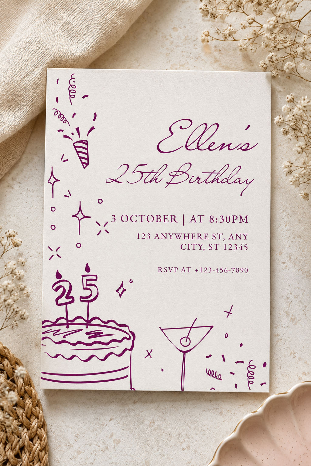 Personalised Purple Elegant Birthday Party Invitation Digital Download