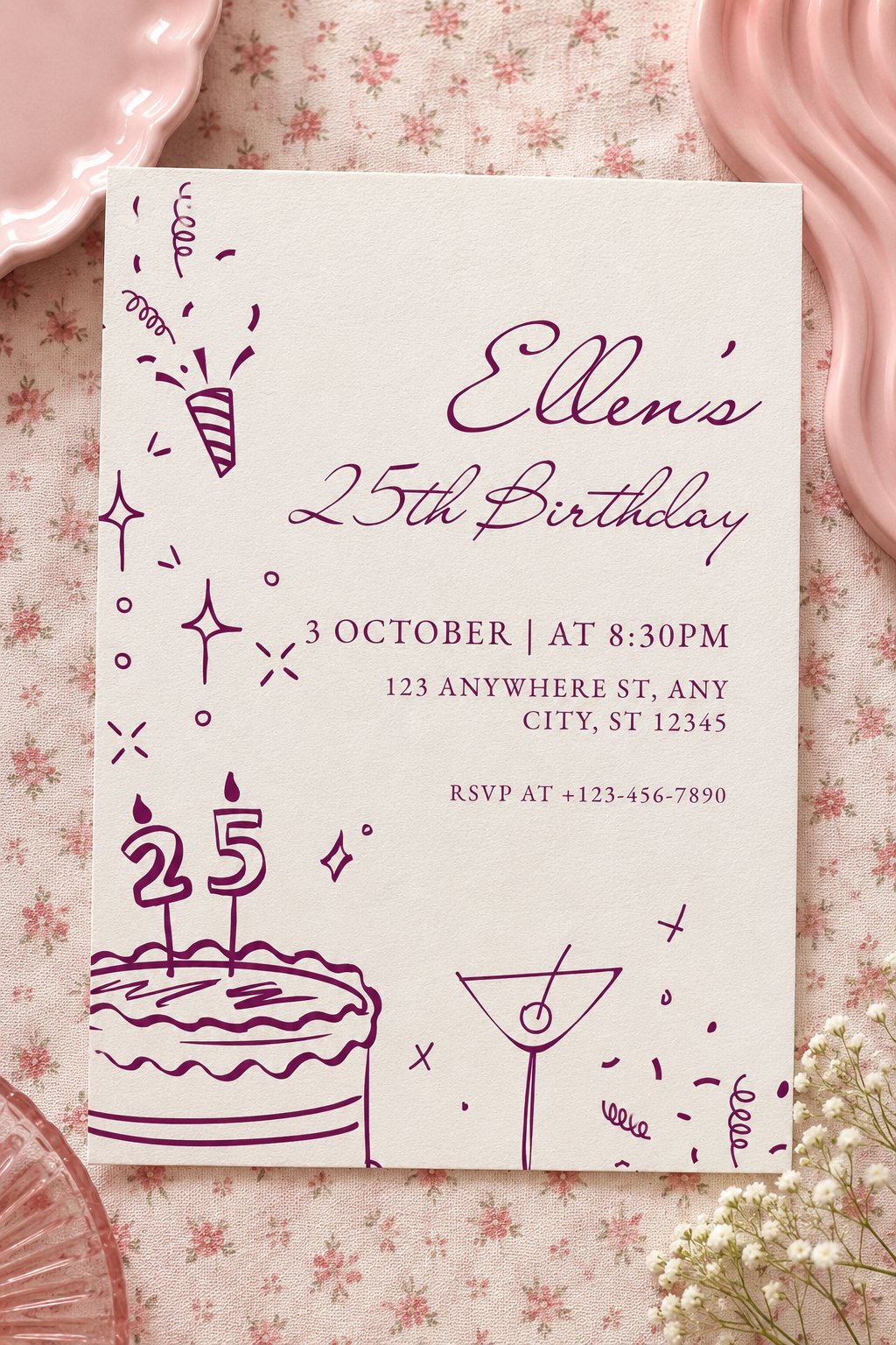 Personalised Purple Elegant Birthday Party Invitation Digital Download