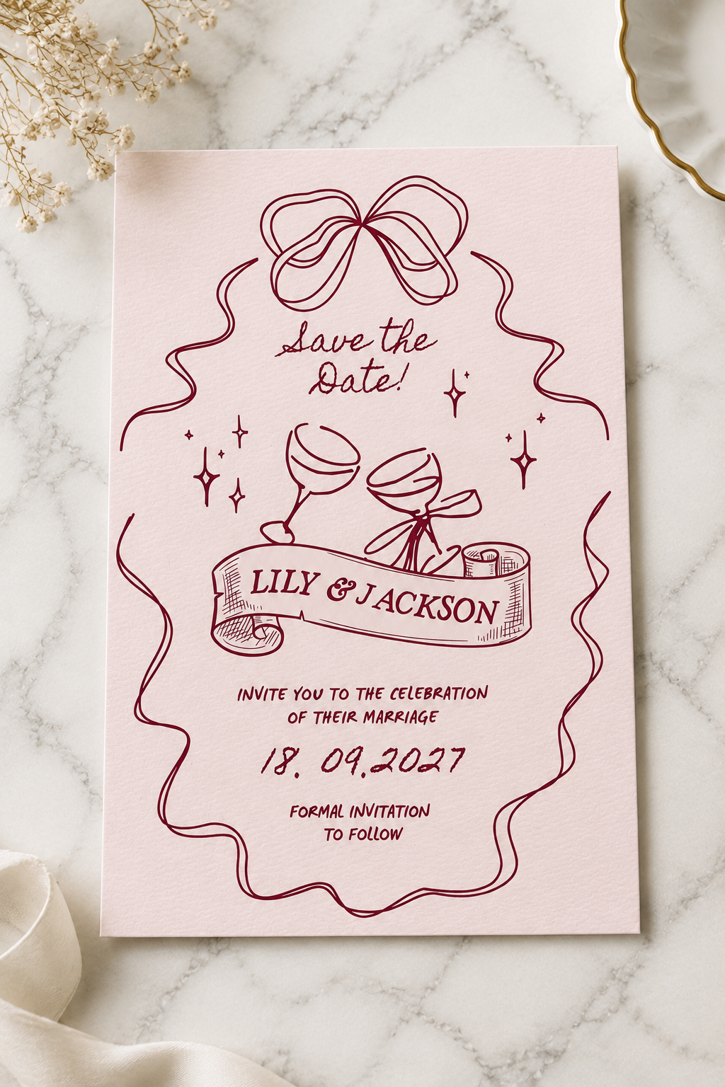 Wedding Save the Date | Pink Bow & Champagne Digital Invitation