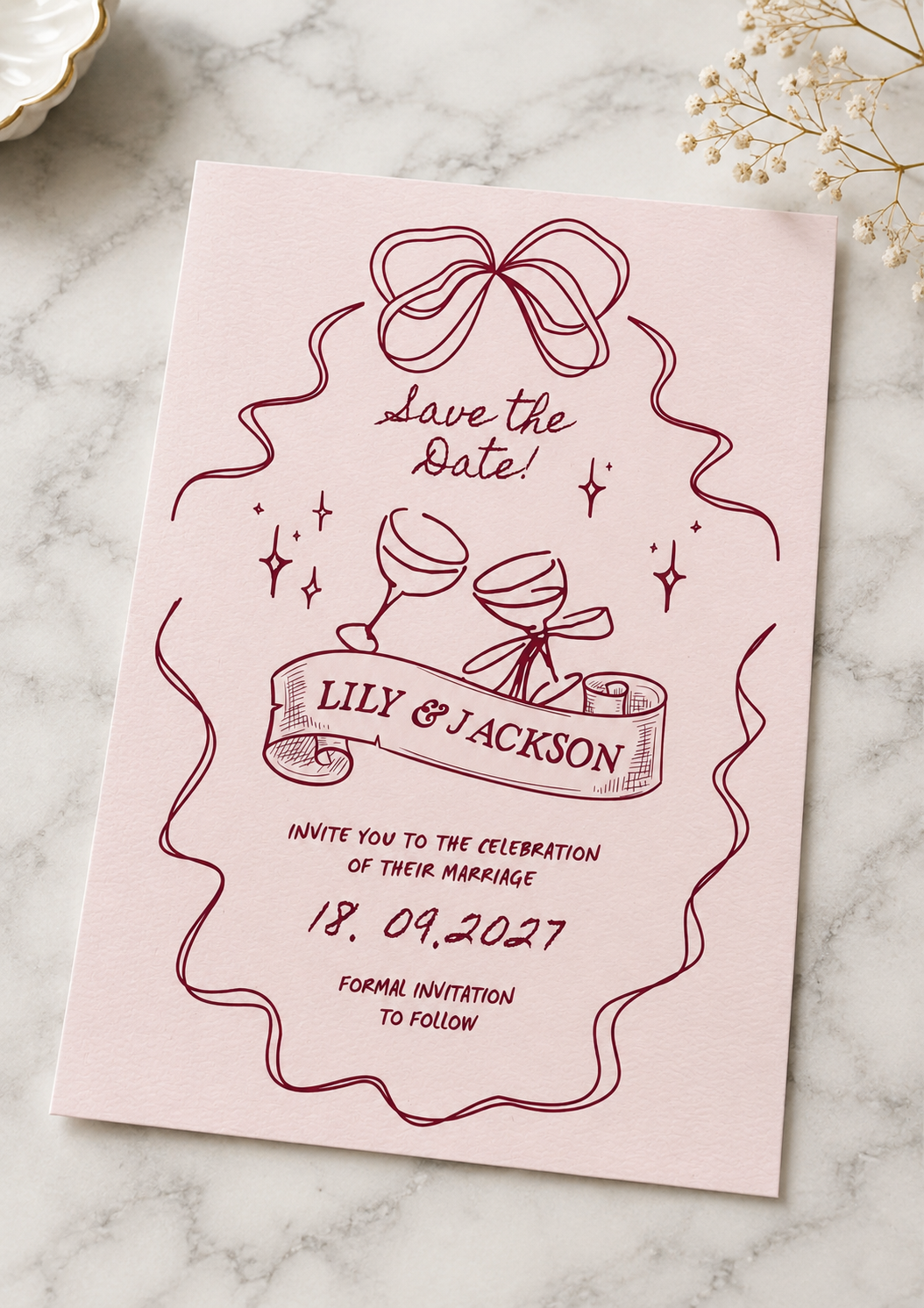 Wedding Save the Date | Pink Bow & Champagne Digital Invitation