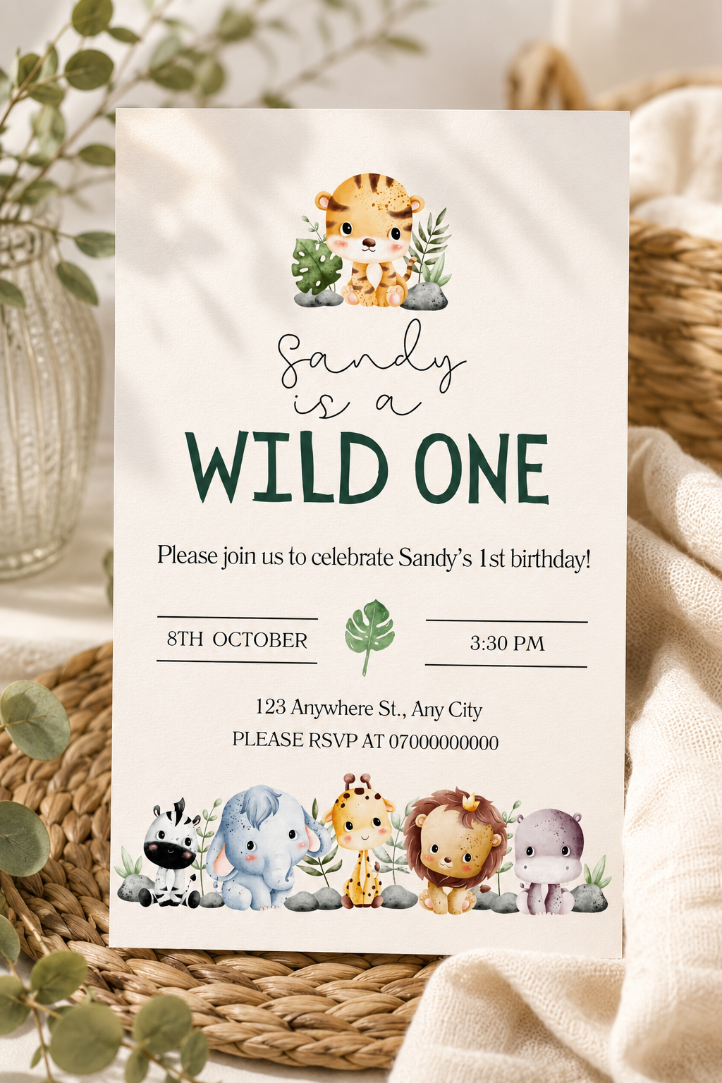 Wild One Safari 1st Birthday Invitation Digital Download