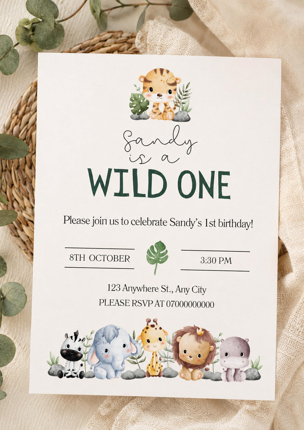 Wild One Safari 1st Birthday Invitation Digital Download